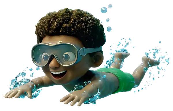 Personagem Jota nadando com óculos